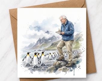 David Attenborough Penguin Birthday Card, Watercolour Wildlife Illustration, Nature Lover Greeting