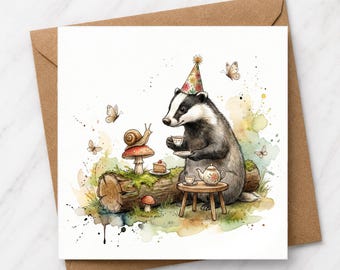 Badger Birthday Card | Woodland Tea Party Watercolour Illustration