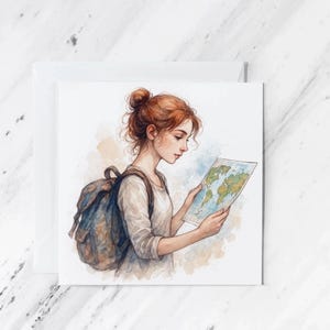 May include: Watercolour illustration of a person with red hair wearing a backpack, looking at a world map. The artwork has a soft, dreamy quality with muted colours and watercolour textures. The person is dressed in a white shirt.