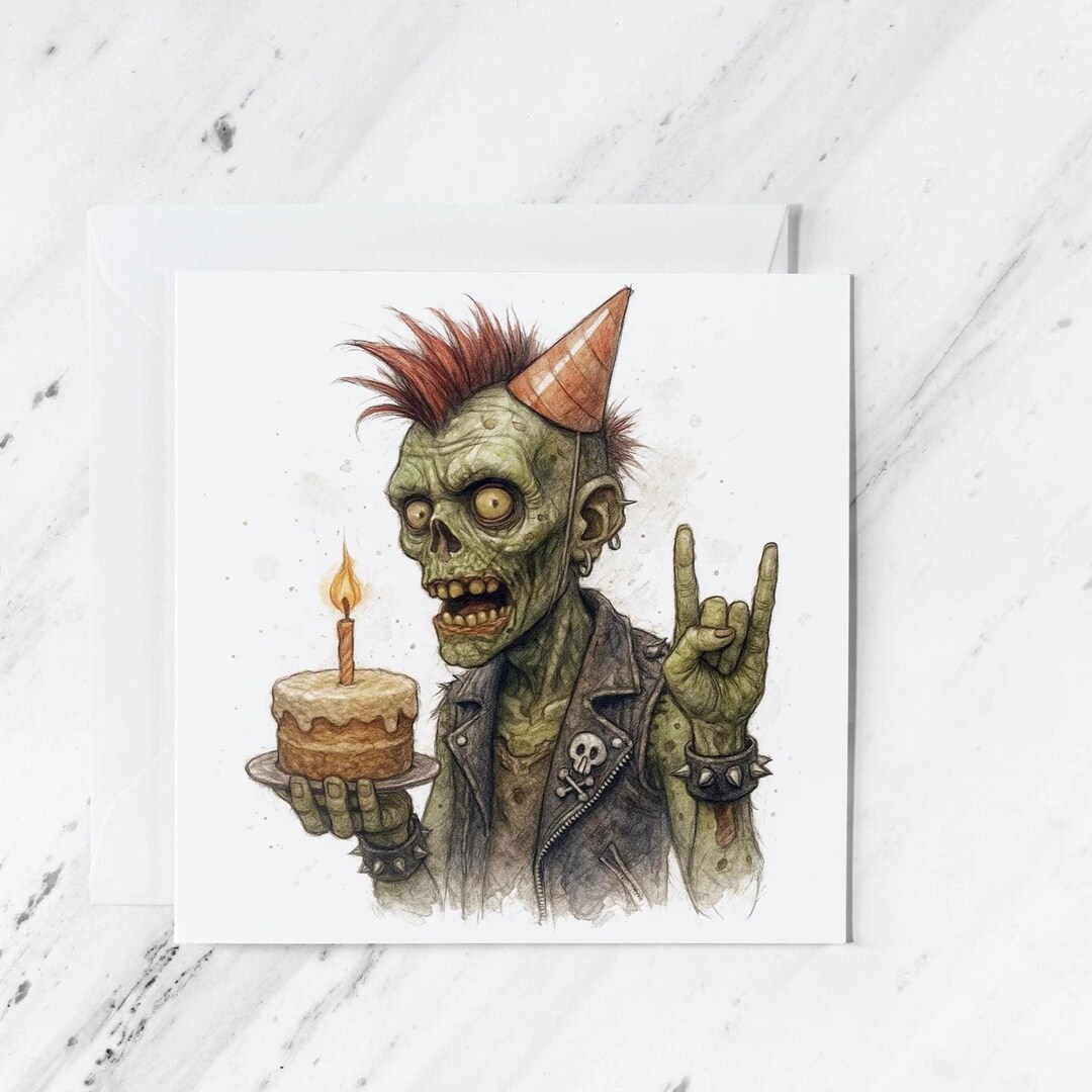 Zombie Like Rocker Zombie Punk Rocker Birthday Card | Watercolour Illustration - Etsy