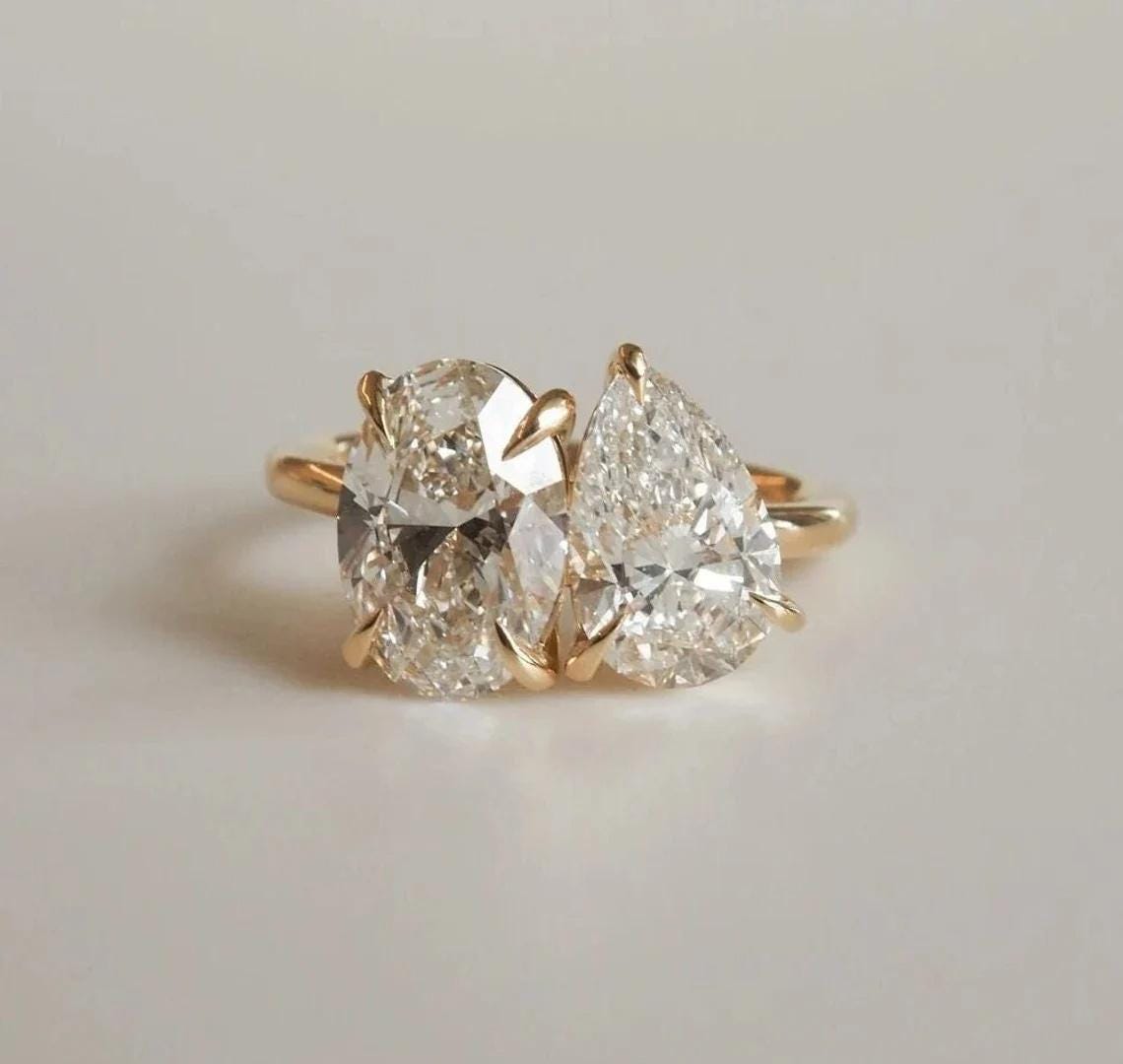 Toi Et Moi Moissanite Ring, Pear Oval Cut Two Stone Engagement Ring, Real 14K Gold Double Stone Ring, Promise Ring for Women
