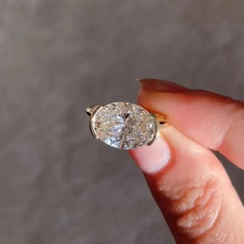 3 CT East West Oval Cut Moissanite Engagement Ring, Half Bezel Set Engagement Ring, 14K Gold Ring Oval Solitaire Big Diamond Rings for Her
