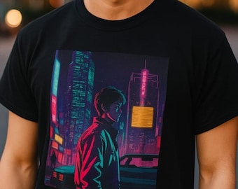 Cyberpunk-T-shirt neonstad, Japans retro T-shirt, Synthwave-shirt, cadeau anime-liefhebber voor hem en haar