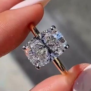 Large 4 carat Elongated Cushion Cut Hidden Halo Engagement Ring, Huge Cushion Cut Moissanite Solitaire Diamond Ring in Two Tone 14k Gold