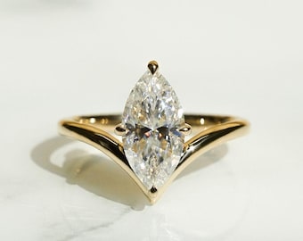 Unique Marquise Cut Moissanite Engagement Ring with V Shaped Plain Band, Solid 10k Yellow Gold Solitaire Wedding Anniversary Ring for Women