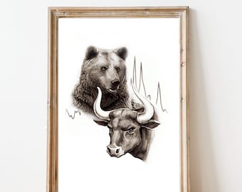 Bull and Bear Portrait | Financial Art | GLASSLION DIGITAL DOWNLOAD | Printable Art