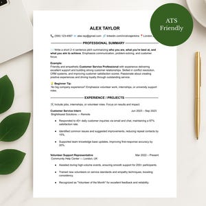 May include: A CV template with the name Alex Taylor at the top. The CV includes a professional summary, experience, and projects. A gold pen, a cup of coffee, and a laptop are also in the image.
