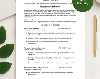 May include: A resume with the name Alex Taylor, featuring a professional summary and experience details. The document is on a white background, with a laptop, a pen, a cup of coffee, and green leaves. A green circle says "ATS Friendly".