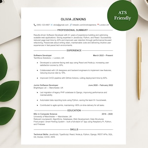 May include: A CV titled "OLIVIA JENKINS" with a professional summary and experience details. The CV includes sections for Software Developer roles, education, and skills. A gold pen and a cup of coffee are on the right. A laptop and green leaves are on the left.