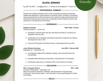 Plantilla de currículum para desarrollador de software: Carta de presentación compatible con ATS (Word, Google Docs) (Descarga digital)