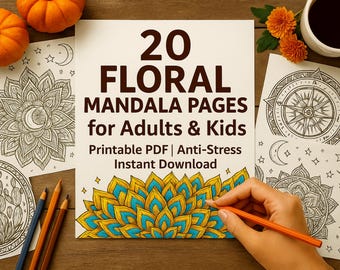 20 pages à colorier de mandalas floraux | Soulagement du stress et relaxation | PDF imprimable à téléchargement immédiat