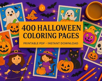 May include: A collection of Halloween-themed coloring pages with illustrations of ghosts, pumpkins, witches, and a black cat. The text on the image reads "400 Halloween Coloring Pages" and "Printable PDF • Instant Download". The background is purple.