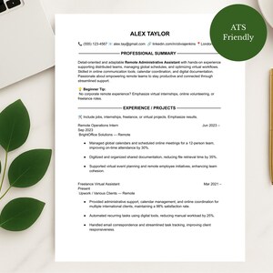 May include: A resume with the name Alex Taylor, a professional summary, and experience details. The resume is on a white background with a laptop, a sprig of green leaves, a gold pen, and a cup of coffee. An ATS friendly badge is in the top right corner.