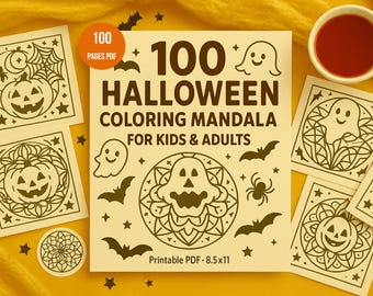 Może przedstawiać: Obrazek przedstawia książkę do kolorowania o tematyce Halloween z napisem "100 Halloween Coloring Mandala for Kids & Adults". Obraz zawiera również mandale, filiżankę herbaty i elementy dekoracyjne.