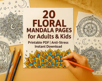 Könnte beinhalten: Eine Sammlung von Mandala-Malvorlagen mit floralen und geometrischen Mustern. Der Text "20 Floral Mandala Pages for Adults & Kids" ist zu sehen. Buntstifte und eine Hand, die einen orangefarbenen Stift hält, sind ebenfalls abgebildet.