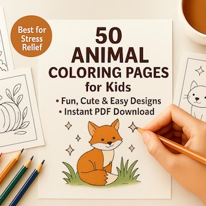 50 Animal Coloring Pages for Kids, Cute Farm & Woodland Animals, Easy Printable PDF, Fun Activity for Children, Printable Coloring Pages