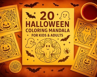 20 Halloween Mandala Coloring Pages – Relaxing Mandala Art PDF, Instant Download
