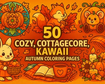 May include: An illustration with an orange background featuring autumn-themed characters and elements. A fox, bunny, and mouse are depicted with pumpkins, leaves, and a cup of coffee. The text reads "50 Cozy, Cottagecore, Kawaii Autumn Coloring Pages."