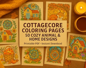 50 páginas para colorear de estilo cottagecore / Diseños acogedores de casas y animales / Libro para colorear relajante en PDF