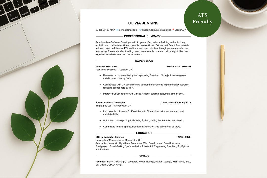 Software Developer Resume Template: Ats-friendly Cover Letter (word ...