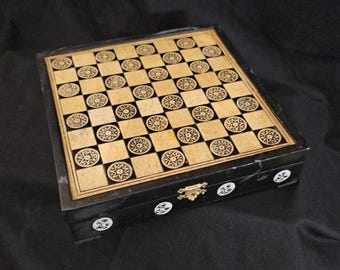 Vintage Hand Carved Wooden Chess Set, Mid Century Inlaid Board Box