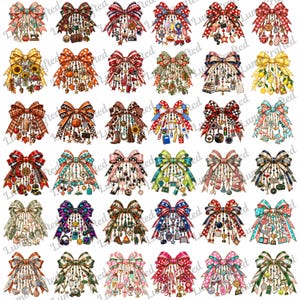 May include: A collection of thirty decorative bows featuring various patterns and colors, each adorned with hanging charms representing different hobbies, sports, seasons, and themes, arranged in a grid on a white background.