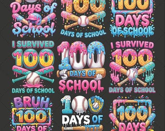 Puede incluir: Una colección de gráficos coloridos con temática de béisbol que celebran 100 días de escuela. Los diseños incluyen pelotas de béisbol, bates y el texto "I Survived 100 Days of School" en varios colores vibrantes como rosa, azul y amarillo. El tema general es lúdico y festivo.