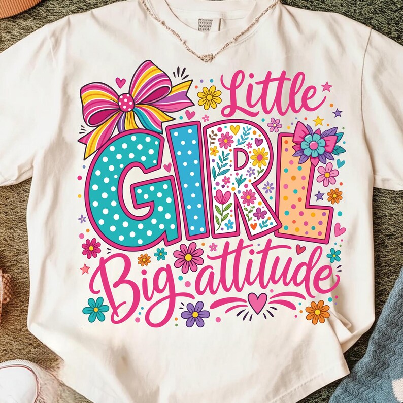 May include: A white short-sleeved t-shirt featuring a colorful graphic print. The design includes the text "Little GIRL Big attitude" in pink script and block letters, accented with a large striped bow, polka dots, and various floral motifs.
