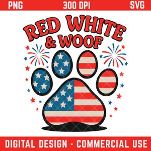 Rood wit en inslag 4 juli hondenpootafdruk PNG SVG | Grappig patriottisch huisdiershirtontwerp voor Cricut, sublimatie, Independence Day Clipart