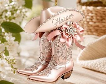 Personalized Cowgirl Boot Ornament, Custom Western Christmas Ornament, Pink Cowboy Hat Acrylic Ornament, Cowgirl Gift for Her