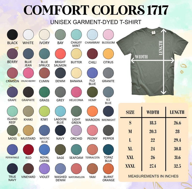 Puede incluir: Imagen de una camiseta unisex Comfort Colors te&ntilde;ida con un gr&aacute;fico de tallas. La camiseta es de color verde oliva. Una carta de colores muestra varios colores, incluyendo negro, blanco y azul. Las medidas est&aacute;n en pulgadas.