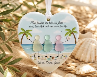 Personalized Sea Glass Friends Ornament, Custom Friendship Gift, Best Friend Christmas Ornament, Beach Lover Keepsake Decor