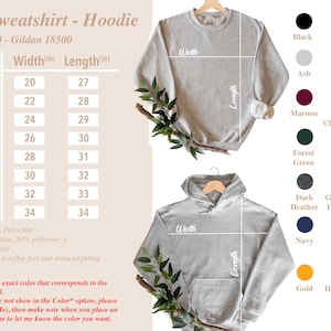 Puede incluir: Se muestra una sudadera y una sudadera con capucha Gildan de color gris claro, con opciones de tama&ntilde;o y color. La tabla de tallas muestra medidas en cm, con la talla m&aacute;s peque&ntilde;a con un ancho de 50,8 cm y una longitud de 68,6 cm. Opciones de color: negro, blanco y marino.