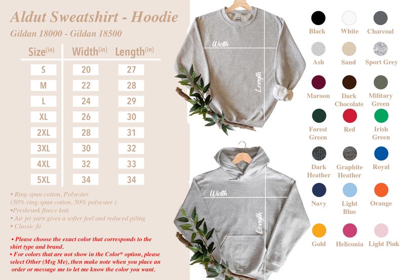 Puede incluir: Se muestra una sudadera y una sudadera con capucha Gildan de color gris claro, con opciones de tama&ntilde;o y color. La tabla de tallas muestra medidas en cm, con la talla m&aacute;s peque&ntilde;a con un ancho de 50,8 cm y una longitud de 68,6 cm. Opciones de color: negro, blanco y marino.