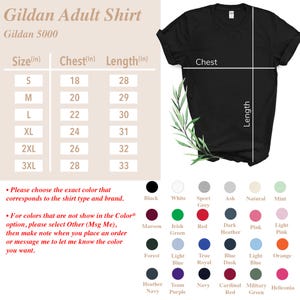 Puede incluir: Camiseta negra Gildan para adultos con tabla de tallas, medidas de pecho y largo en pulgadas. Las opciones de color incluyen negro, blanco, rojo y m&aacute;s. El texto dice: "Por favor, elige el color exacto que corresponda al tipo y marca de camiseta."