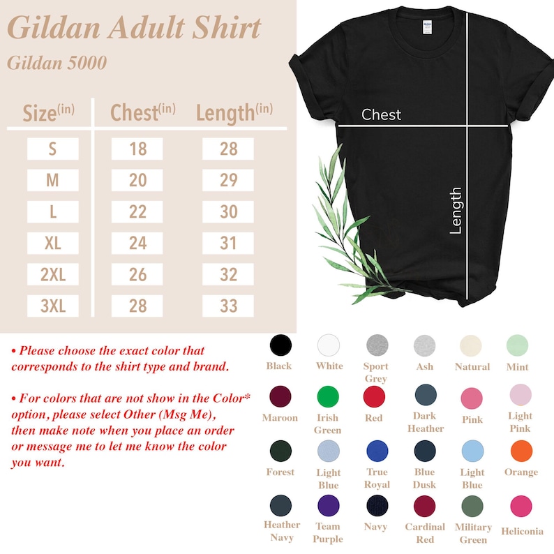 Puede incluir: Camiseta negra Gildan para adultos con tabla de tallas, medidas de pecho y largo en pulgadas. Las opciones de color incluyen negro, blanco, rojo y m&aacute;s. El texto dice: "Por favor, elige el color exacto que corresponda al tipo y marca de camiseta."