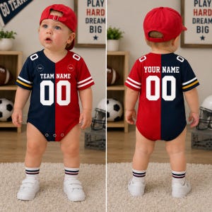 May include: A red and navy blue split-colour baby bodysuit featuring white text that reads TEAM NAME and YOUR NAME with the number 00 on the front and back. The outfit includes a matching red baseball cap and white socks with striped cuffs.