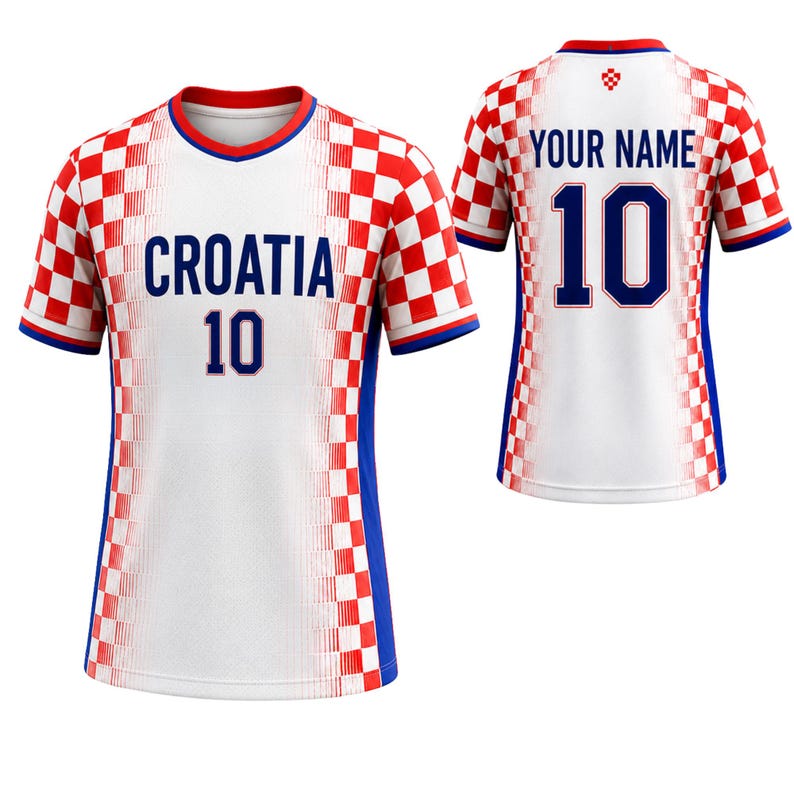 May include: White Croatia soccer jersey with red and white checkered sleeves and shoulders. The front displays "CROATIA" and the number "10" in blue. The back features "YOUR NAME" and the number "10".