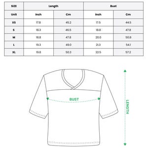 May include: Diagram of an all-over print crop top football jersey with measurements in inches and centimetres. The chart shows sizes XS to XL, with bust and length measurements. The text at the top says "ALL-OVER PRINT CROP TOP FOOTBALL JERSEY."