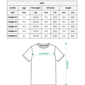 May include: White all-over print kid soccer jersey shirt with a size chart. The chart includes sizes for toddlers 2T to 5T, with measurements in inches and centimeters for chest and length. The text "ALL-OVER PRINT KID SOCCER JERSEY SHIRT" is at the top.