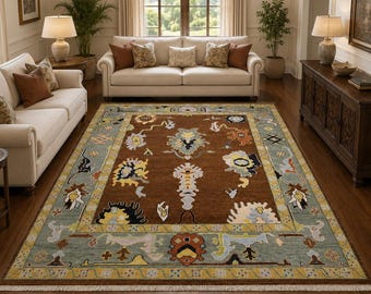 Hand-Knotted Oushak Wool Rug: Rust Brown, Blue-Green Border, Vintage Turkish Tribal 9x12ft