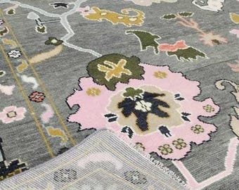 Sage Green Oushak Rug: Hand-Knotted Wool Turkish Carpet, Floral Vintage Style
