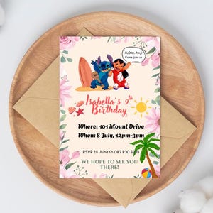 Convite de aniversário editável de Lilo e Stitch | Convite para festa tropical havaiana | Download instantâneo