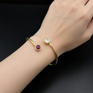Dainty Gold Open Cuff Bangle with Ruby Red and Crystal Gemstones - Elegant Minimalist Adjustable Thin Wire Bracelet, Boho Jewelry