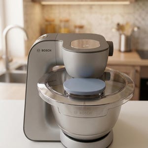 May include: A silver and gray Bosch stand mixer featuring a metallic finish, a stainless steel mixing bowl, a clear plastic splash guard lid, and a circular blue-gray cover on top. The Bosch logo is printed on the side and the bowl.