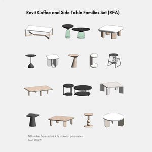 May include: A set of 3D rendered coffee and side tables in various designs. The tables are shown in different shapes and colours, including rectangular, round, and pedestal styles. The text at the top reads "Revit Coffee and Side Table Families Set (RFA)".