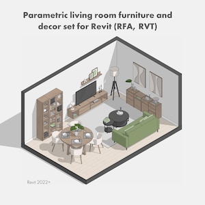 May include: Isometric illustration of a living room with furniture and decor. The room includes a sofa, dining table, TV, and cabinets. Text at the top reads "Parametric living room furniture and decor set for Revit (RFA, RVT)".