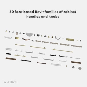 Könnte beinhalten: Darstellung von 50 Revit-Familien für Schrankgriffe und -knöpfe. Das Bild zeigt verschiedene Designs, darunter Stangengriffe, Knöpfe und Muschelgriffe in verschiedenen Farben und Formen. Der Text "Revit 2022+" befindet sich unten.