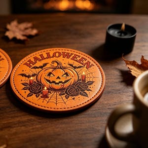 Könnte beinhalten: Ein runder, orangefarbener Untersetzer mit einem schwarzen Grafikdruck eines Kürbisses, Spinnweben, Rosen und brennenden Kerzen. Das Wort HALLOWEEN ist in einer geschwungenen Schrift oben aufgedruckt. Der Untersetzer hat einen genähten Rand.