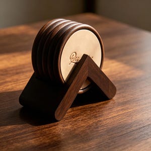 Puede incluir: Un juego de posavasos circulares con bordes de madera marrón oscuro y centros de cuero color canela claro, sostenidos en un soporte de madera en forma de V. El posavasos frontal presenta el texto "Quality" grabado en cursiva.